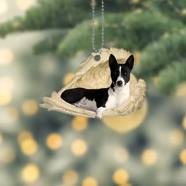 Black white basenji dog sleeping Angel Wings Christmas hanging car Ornament Gift