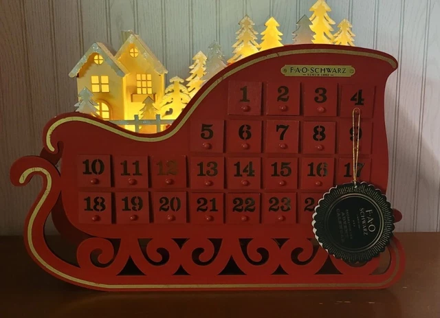2018 FAO SCHWARZ Red Tan Wood LED LightUp Advent Calendar Sleigh Working Drawers