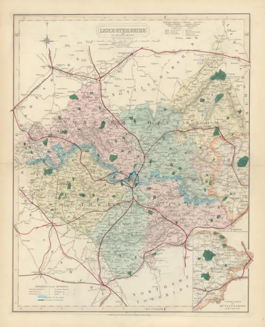 Leicestershire antique county map by J & C Walker. Railways & boroughs 1870