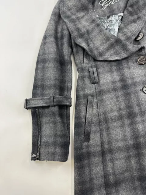 Guess Trench Coat Womens XS Black Gray Plaid Wool Blend Jacket Missing Belt 3