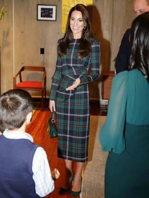 Prinzessin Kate Middleton Designer Elegante Vintage Langarm-Plaid-Print-Kleider
