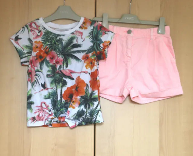 Next Girls White Tropical Print Top & Pink Denim Shorts Age 6 Years BNWT