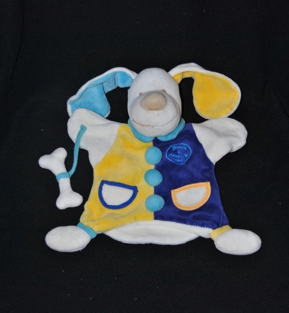 Peluche doudou marionnette chien DOUDOU ET COMPAGNIE jaune blanc bleu os TTBE