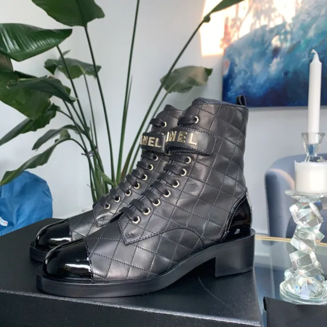 CHANEL CC Logo Calfskin Combat Boots In Black With Faux Pearls Accents  Size: 38 $1,275.00 - PicClick