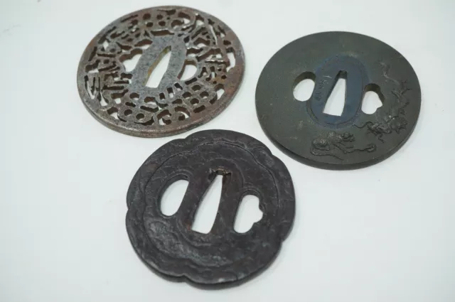 Japanese Tsuba Guard Set x3 for Katana or Wakizashi Sword Mixed Material 0419D6