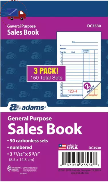 General Purpose Sales Book, 2-Part, Carbonless, White/Canary, 3-11/32 X 5-5/8"