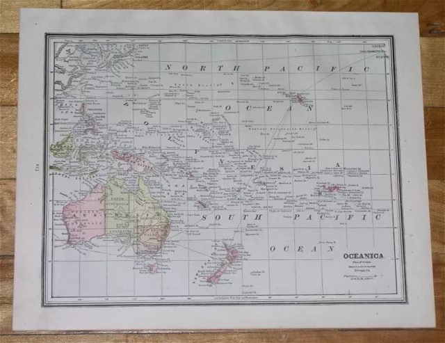 1890 Antique Map Of Oceania German Colonies Australia Hawaii Guam Pacific