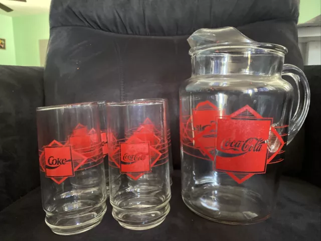 Vintage Retro Coca Cola Red Diamond Indiana Glass Pitcher & Glasses Soda