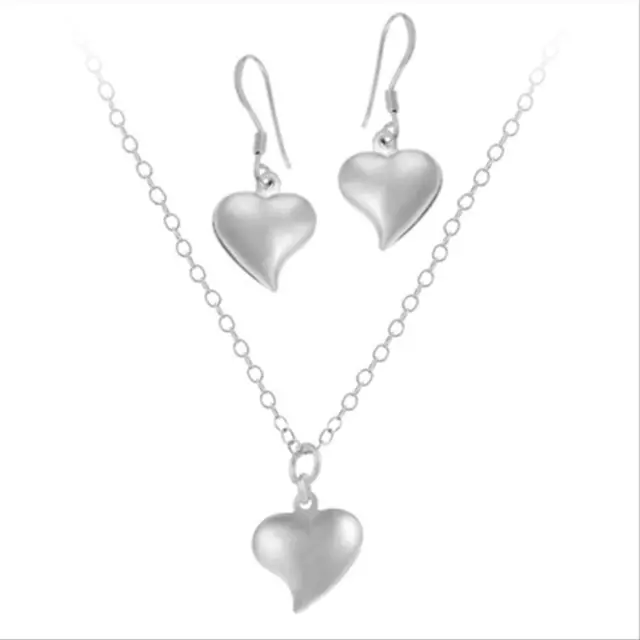 925 Argent Classique Pendentif Coeur & Pendant Earrings Set