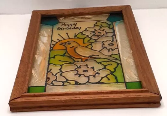 Stained Glass Window Panel Wooden Frame 10x7 Bird Flowers Happy Birthday Vintage 3