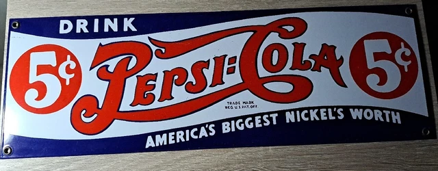 Retro Pepsi Cola Double Dot 5 Cents Ande Rooney Enameled Porcelain Sign 18 x 6