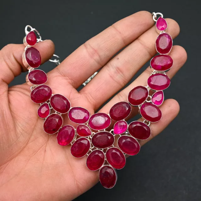 Kashmiri Ruby Gemstone 925 Sterling Silver Jewelry Women Necklace 18" i146