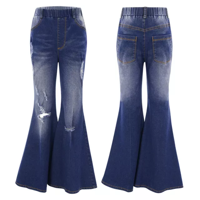 Girls Ripped Jeans Denim Pants Elastic Waist Bell Bottom Casual Long Trousers