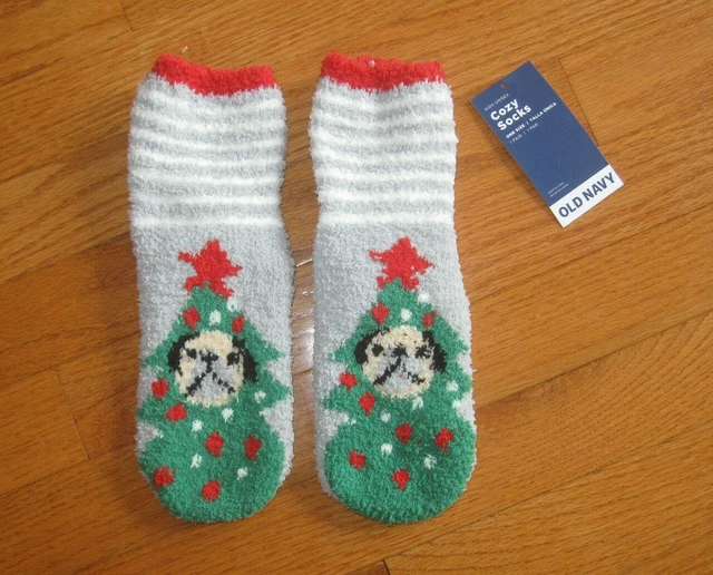 NWT Old Navy Soft Chenille Fuzzy Cozy Sock  Dog Pug Christmas Tree / Kids Unisex
