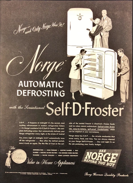 1949 Norge Refrigirator Vintage Print Ad Self Automatic Defrosting