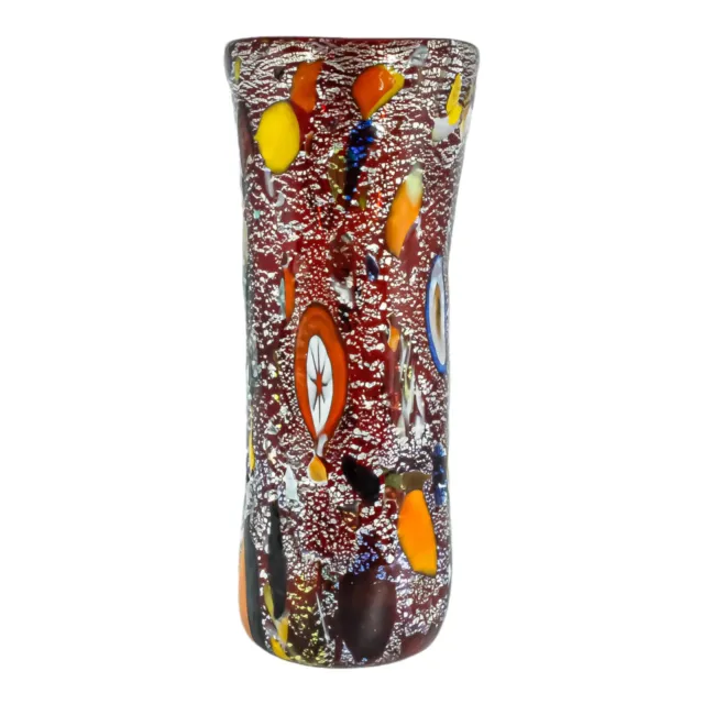 Murano Glass Vase Red Silver Multi Colour Handmade Millefiori 19cm High
