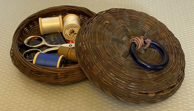 Antique Chinese Small Wicker Sewing Basket cobalt glass ring handle with notions