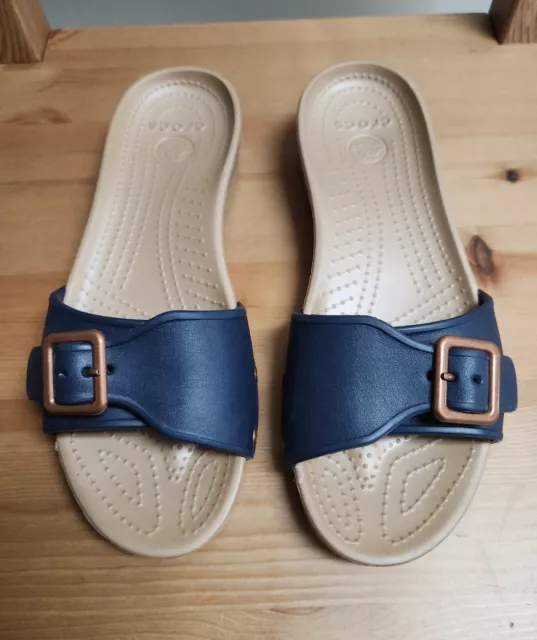 Crocs Sarah Navy Blue Slip On Buckle Slide Sandals Shoes Womens 10 EUC