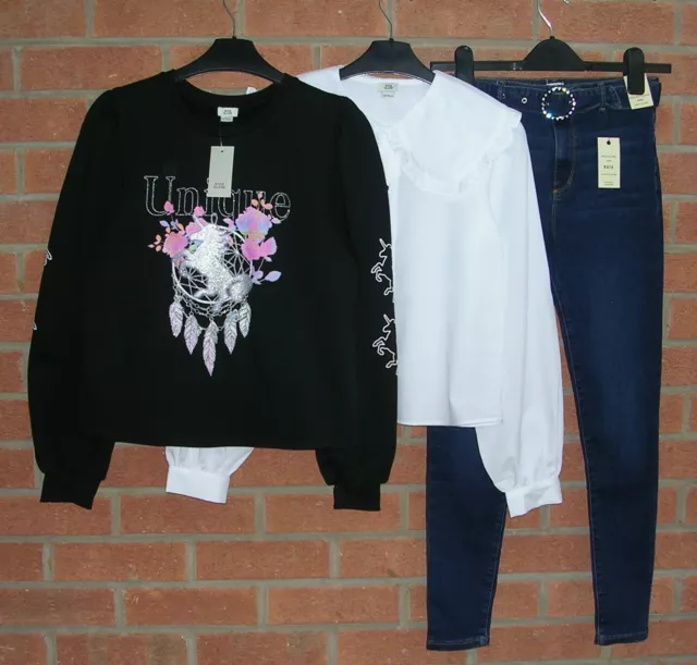 RIVER ISLAND bnwt Girls Big Collar Top Black Jumper Jeans Age 11-12 NEW RRP £48