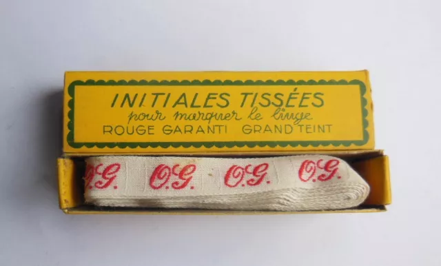 Ancien ruban initiales tissé rouge OG couture, mercerie