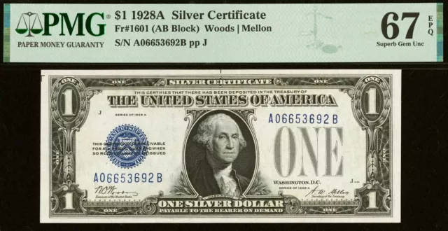 1928A $1 Silver Certificate PMG 67EPQ wanted popular superb gem AB Block Fr 1601