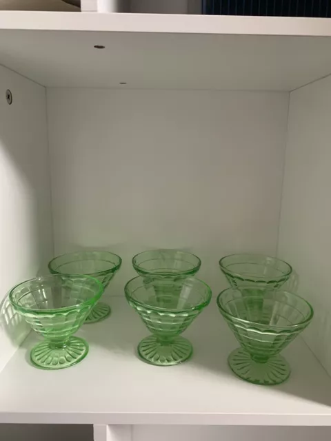 Set Of 6 Block Optic Sherbet Green Depression Glass Cone Shape UV Reactive Vtg.