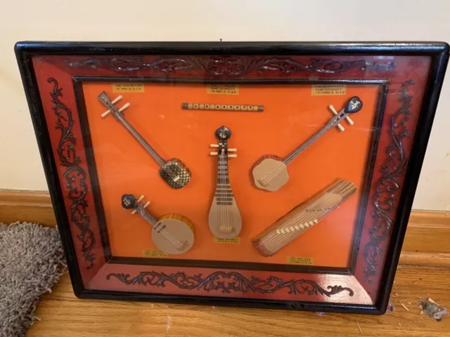 Vintage Shadow Box Of Miniature Chinese Musical Instruments