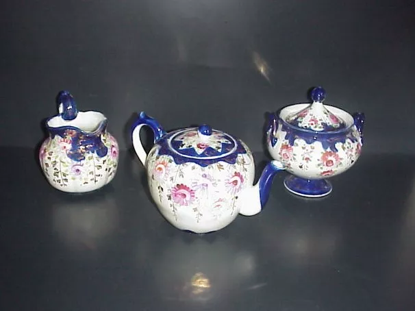 Blue & White Speckled Teapot w/ Creamer & Sugar Bowl Knobler Vintage  Kitchenware