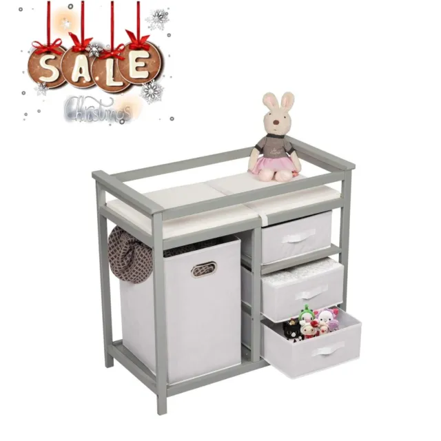 Wooden Baby Changing Table Diaper Nursery Station Dresser with Pad for Newborn
