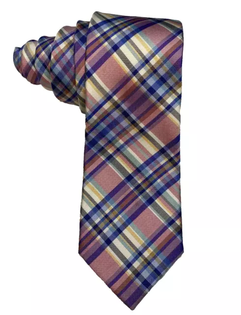 Tommy Hilfiger Tie Mens 100% Silk Woven Spring Madras Plaid 60” Pink Purple Blue