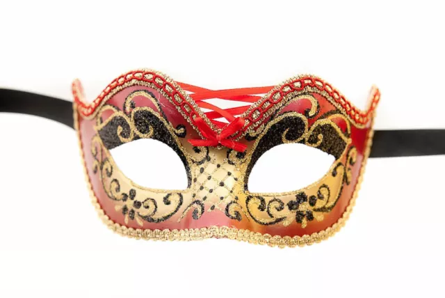 Maschera Di Venezia - Columbine - Burlesque Rosso E Dorata Per Ballo #953