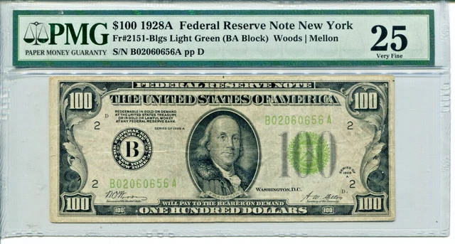 1928-A $100 Federal Reserve Note Light Green Seal New York PMG VF25 #B02060656A
