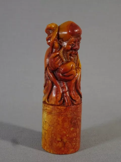 CHINE SUPERBE SCEAU CACHET ANCIEN en STEATITE, SAGE au SCEPTRE & PECHE LONGEVITE