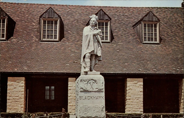 Chief Blackhawk (Sac-Fox Indians) statue ~ State Park Rock Island IL ~ postcard