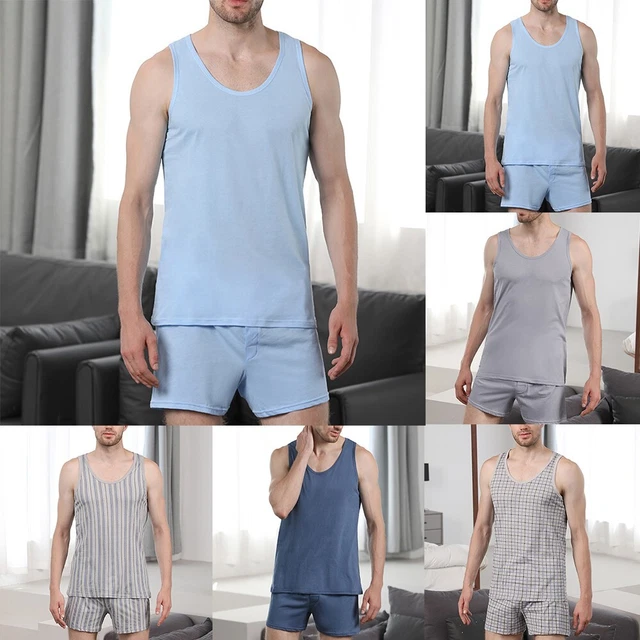 Set pigiama uomo abbigliamento senza maniche tinta unita estate traspirante