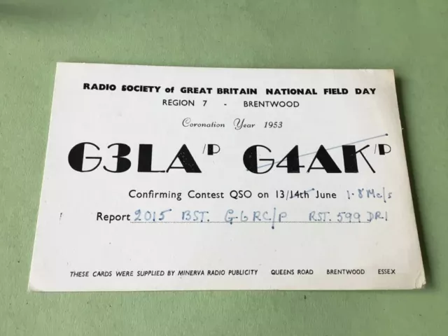 Vintage QSL Radio communication card Brentwood Field day 1953   Ref 52594