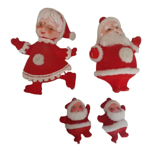 Vintage Santa & Mrs. Claus Plus Two Miniatures Flocked Christmas Ornaments