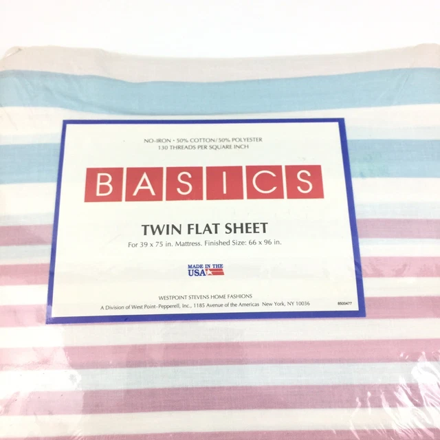 VINTAGE WESTPOINT BASICS 50/50 Multi Color Stripe Twin Flat Sheet 66 X