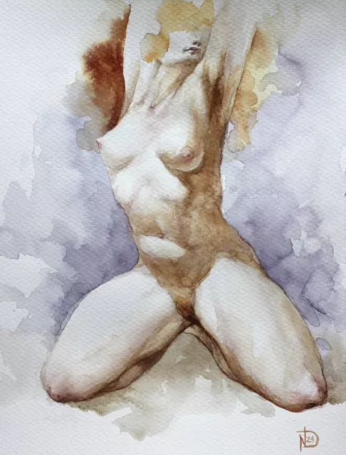 Nude Painting WATERCOLOR ORIGINAL Art Woman Body positive Naked Artwork 9.3x12"