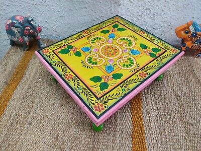 Wooden yellow hand painted chowki religious bajot Indian small pedestal table 2