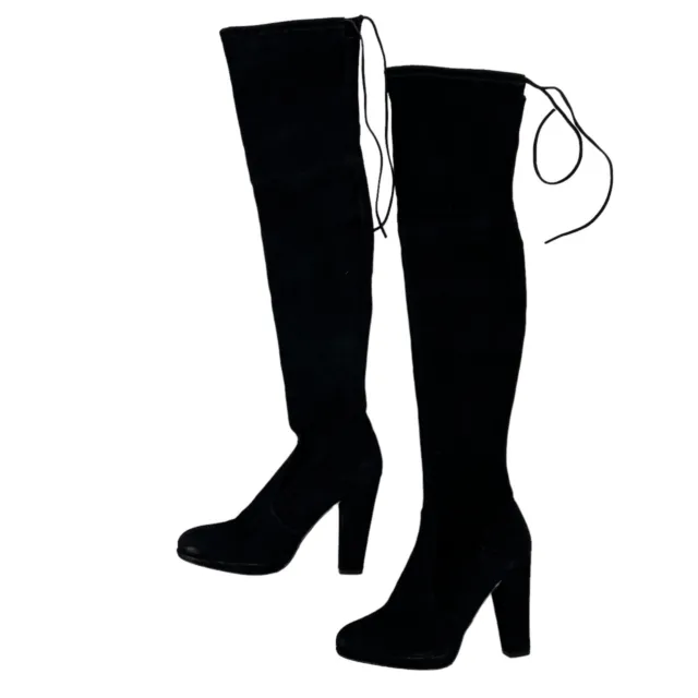 Stuart Weitzman Boots Womens 6 Black Knee High Tall Suede Block Heels Lace Up