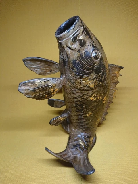 JAPANESE ANTIQUE METALLIC KOI FISH VASE Usubata Hanaire Ikebana Object