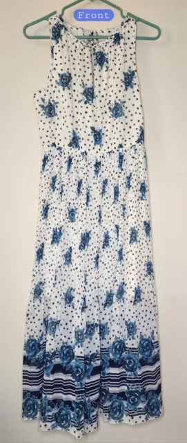 Women's Maison Jules Pleated Midi Dress-White w/blue flower print -Size M Medium