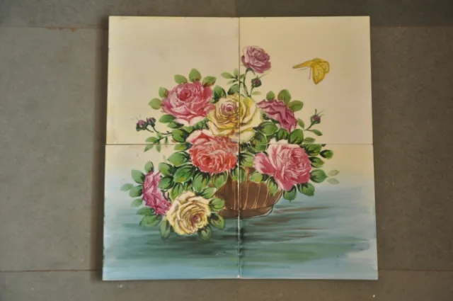 4 Pc Vintage Fine Colorful Flower Basket & Butterfly Ceramic Tiles Set, Japan