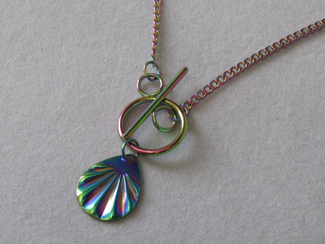 Rainbow Plated Shell Pendant & Curb Toggle Front Close Rainbow Necklace