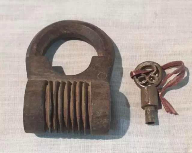 Antique Indian Lock With Key Old Solid Iron Hand Carved Unique Shape