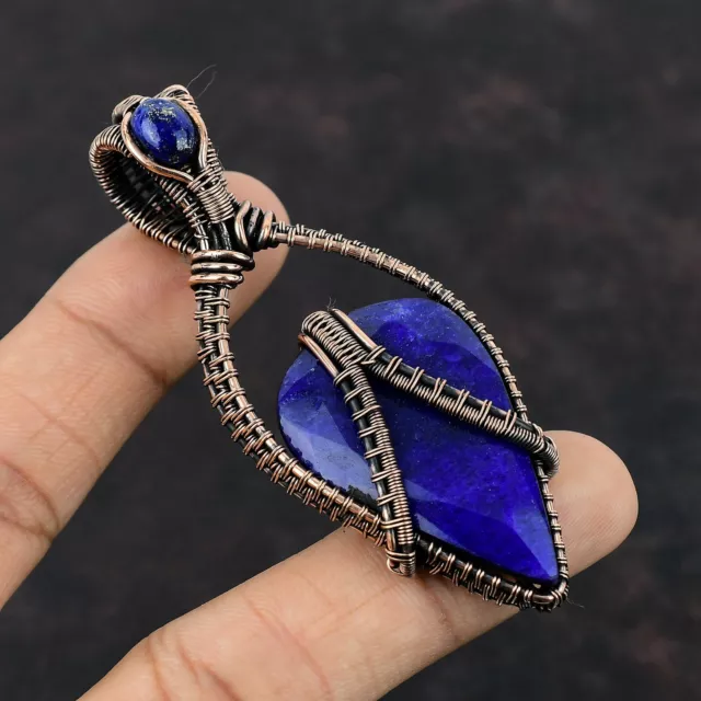 Women's Day Sale Blue Sapphire Copper Gift For Friend Wire Wrapped Pendant 3.15"