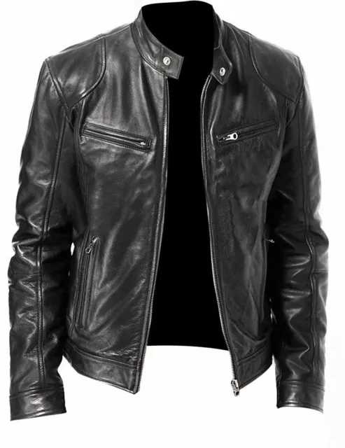 Herren Vintage Cafe Racer Schwarz Braunes Kunstleder Slim Fit Echt Bikerjacke ！