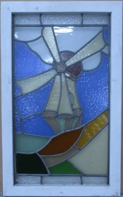 MIDSIZE OLD ENGLISH LEADED STAINED GLASS WINDOW Pretty Windmill 16.75" x 27.25"
