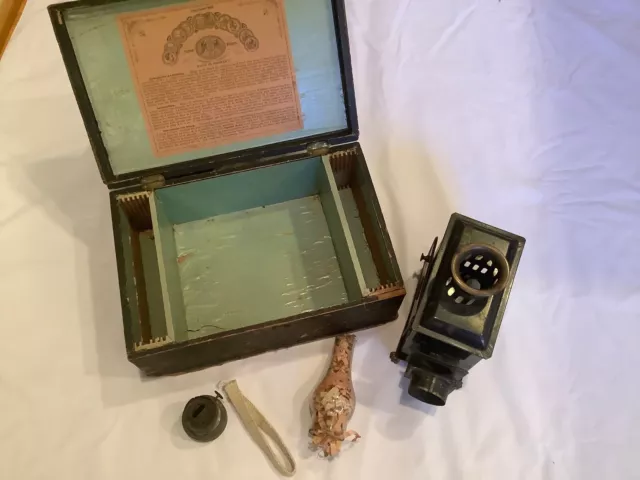 1866 Antique Laterna Magica Magic Lantern Projector, 15 Slides and case